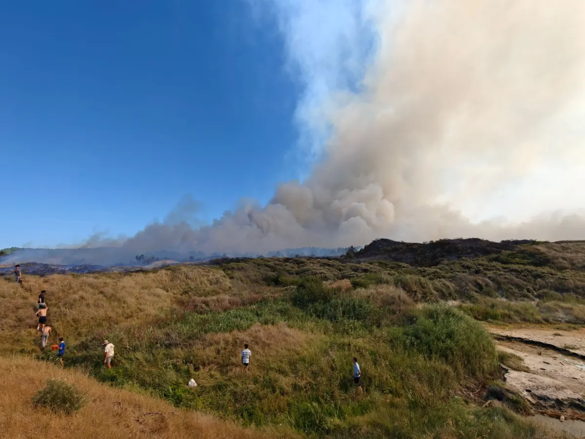 Des personnes arrivent à pied dans les dunes, un seau à la main, pour aider à éteindre le feu