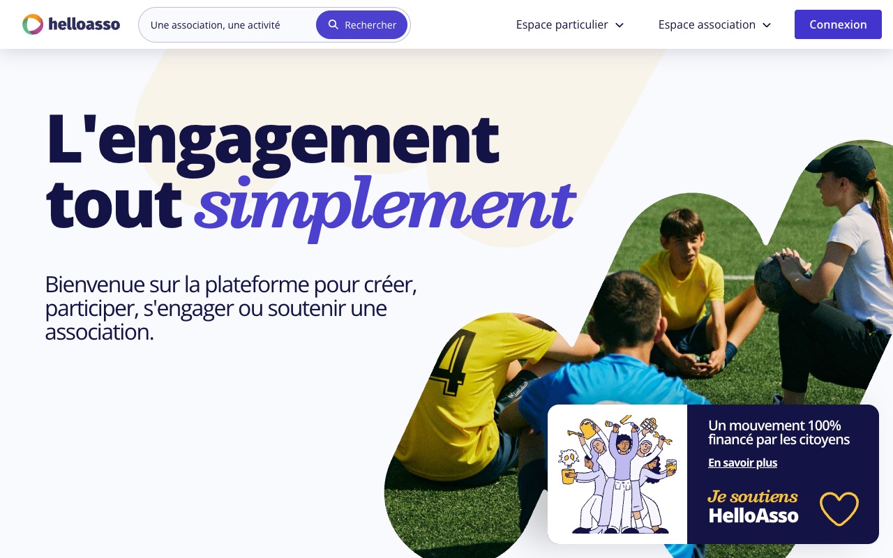 Page d'accueil de HelloAsso, capturée le 16 septembre 2026