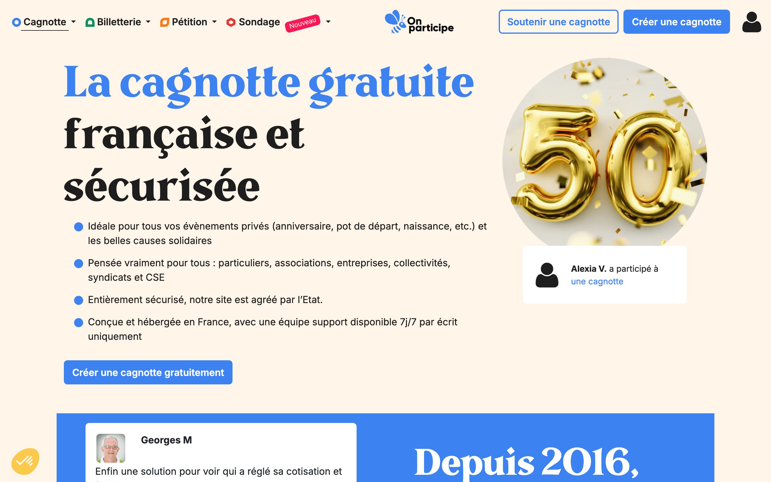 Page d'accueil des cagnottes OnParticipe, capturée le 16 septembre 2026