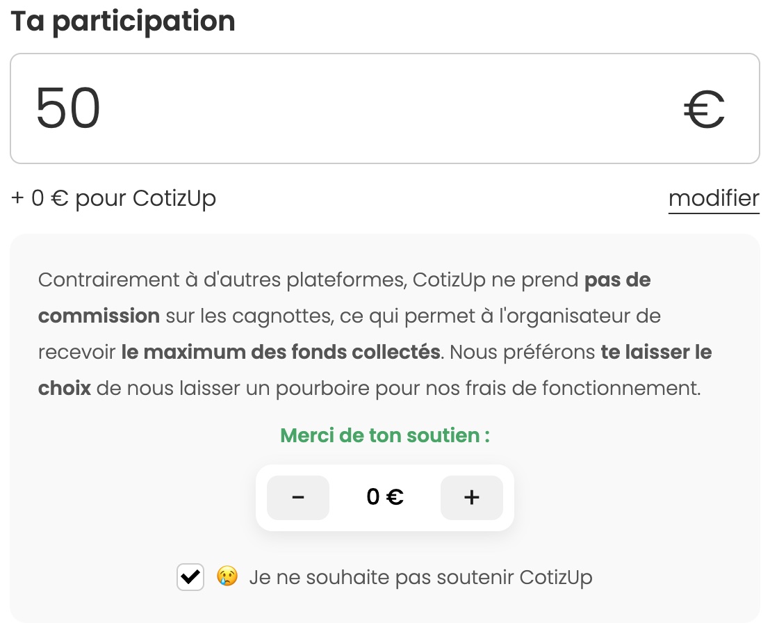 Formulaire CotizUp à 0 € : + 0 € pour CotizUp, compteur à 0 €, case cochée avec un émoji triste