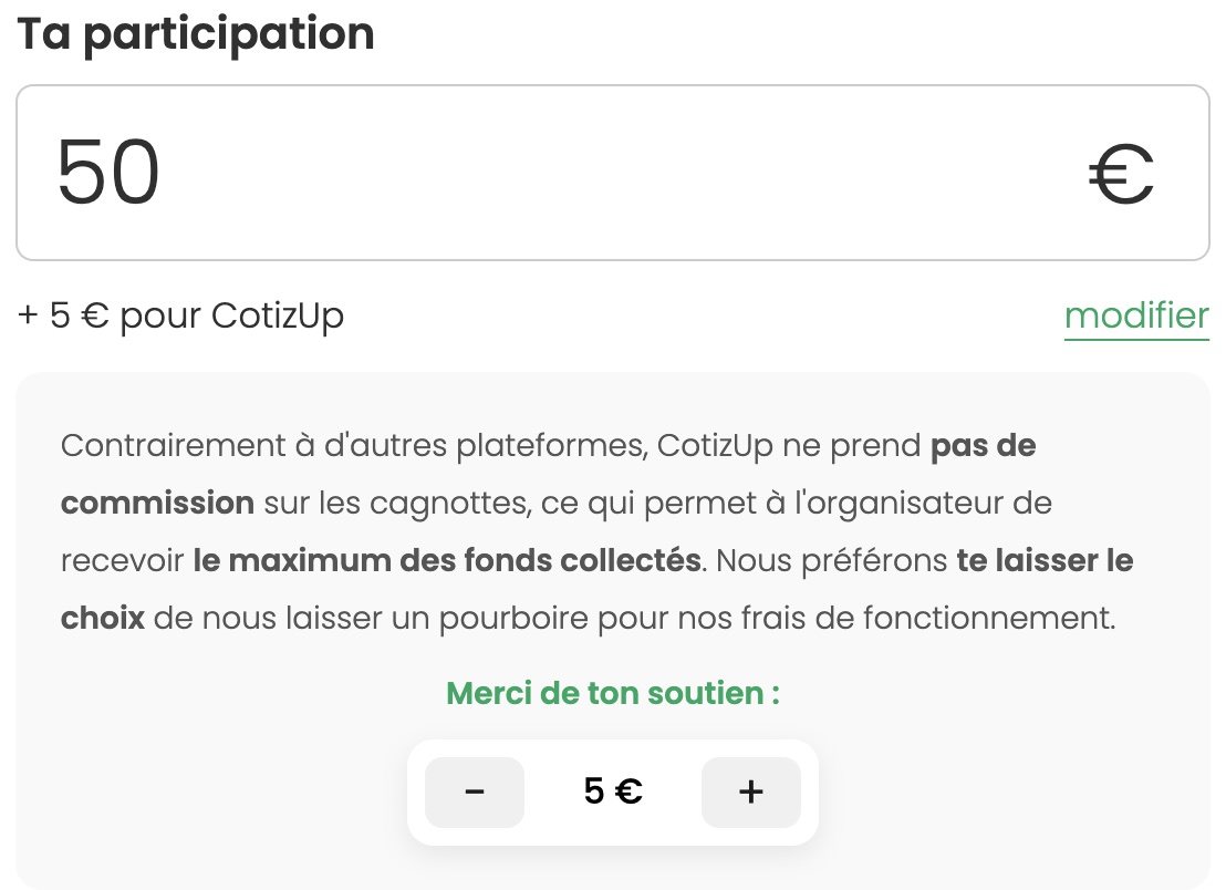 Bloc CotizUp ouvert : texte, Merci de ton soutien, compteur − 5 € +