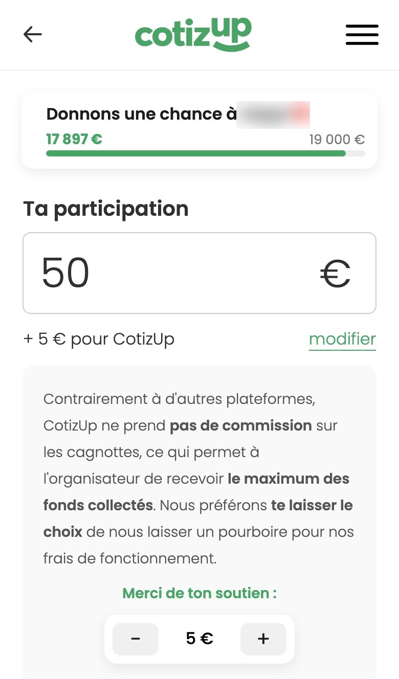 CotizUp après modifier : bloc de texte et compteur − 5 € + sous le montant