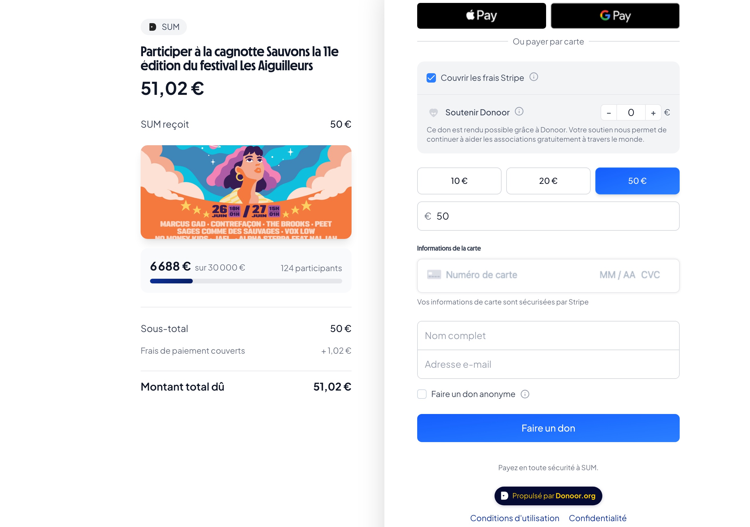 Page de paiement Donoor à 0 € de don : cœur gris, texte Ce don est rendu possible grâce à Donoor, total 51,02 €