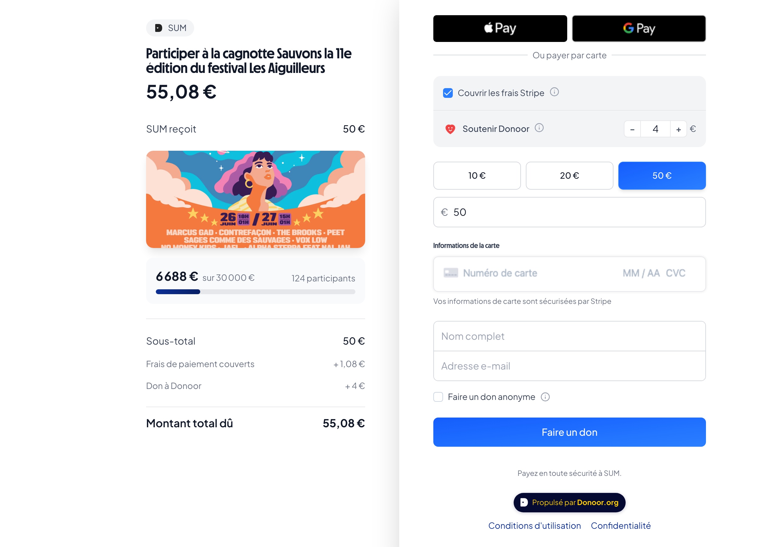 Page de paiement Donoor : sous-total 50 €, frais de paiement couverts + 1,08 €, don à Donoor + 4 €, montant total dû 55,08 €, case Couvrir les frais Stripe cochée, compteur Soutenir Donoor − 4 +