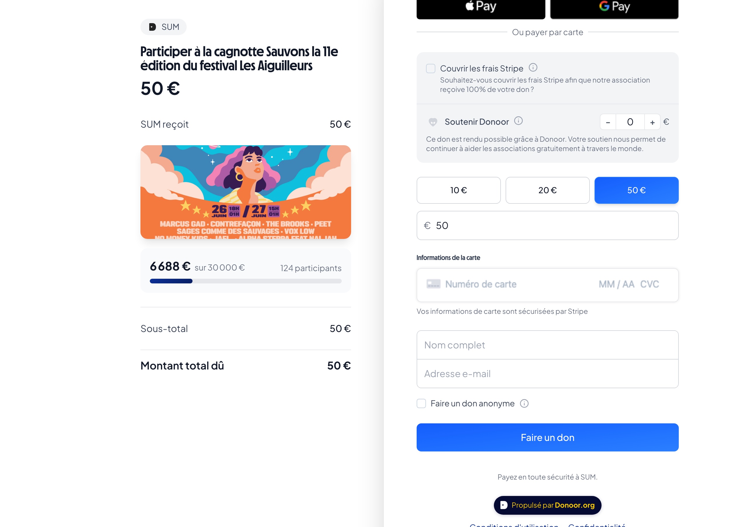 Page de paiement Donoor une fois la case Couvrir les frais Stripe décochée : total 50 €