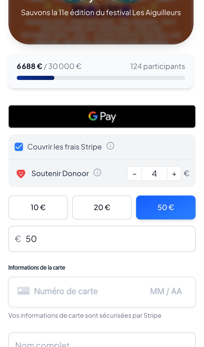 Donoor sur téléphone : case Couvrir les frais Stripe cochée et compteur Soutenir Donoor − 4 +