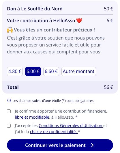 Panneau HelloAsso avec trois cartes à 4,80 €, 6 € et 6,60 € et le bouton Autre montant