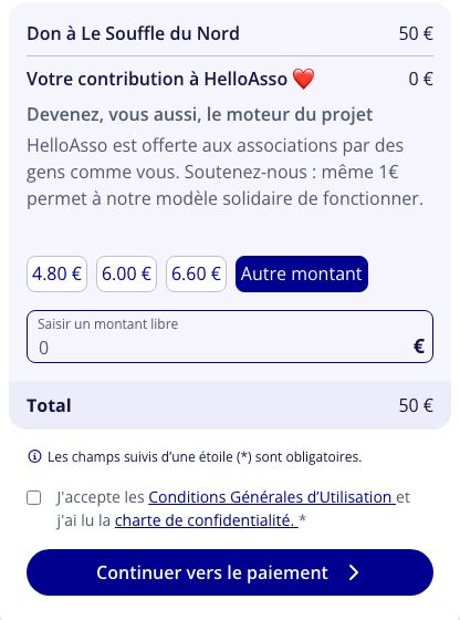 Récapitulatif HelloAsso à 0 € de contribution, sans case de confirmation
