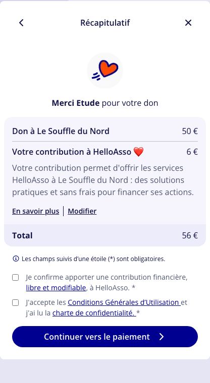 Récapitulatif HelloAsso : don de 50 €, contribution de 6 €, total 56 €, case de confirmation à cocher