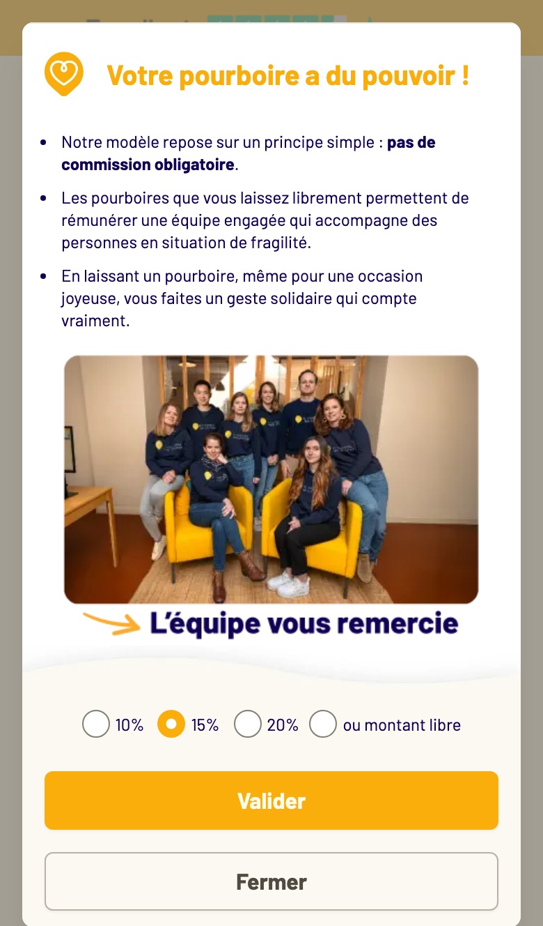 La Cagnotte des Proches après Modifier : fenêtre Votre pourboire a du pouvoir, texte, photo, choix 10 %, 15 %, 20 %, ou montant libre, boutons Valider et Fermer