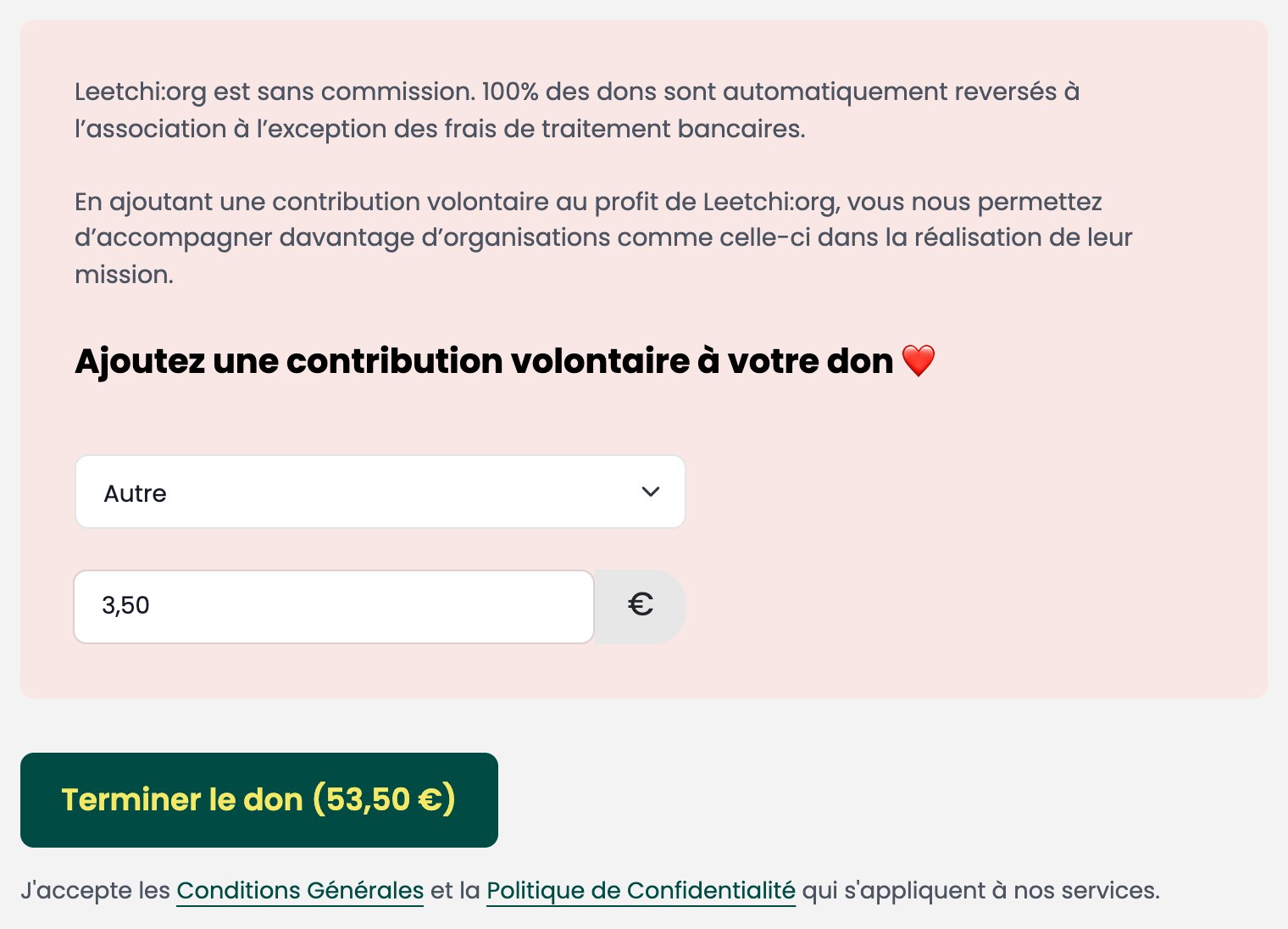 La liste réglée sur Autre et, en dessous, un champ en euros déjà rempli avec 3,50 ; le bouton affiche toujours Terminer le don (53,50 €)