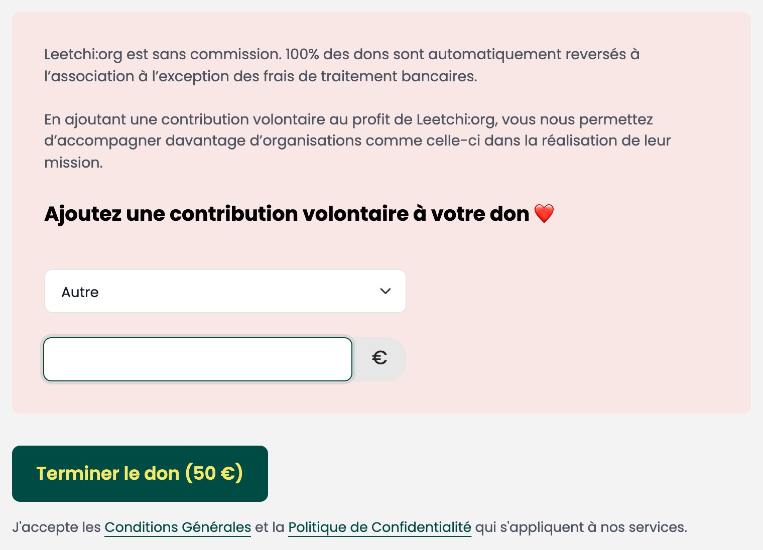 Le champ Autre vidé et le bouton Terminer le don (50 €)