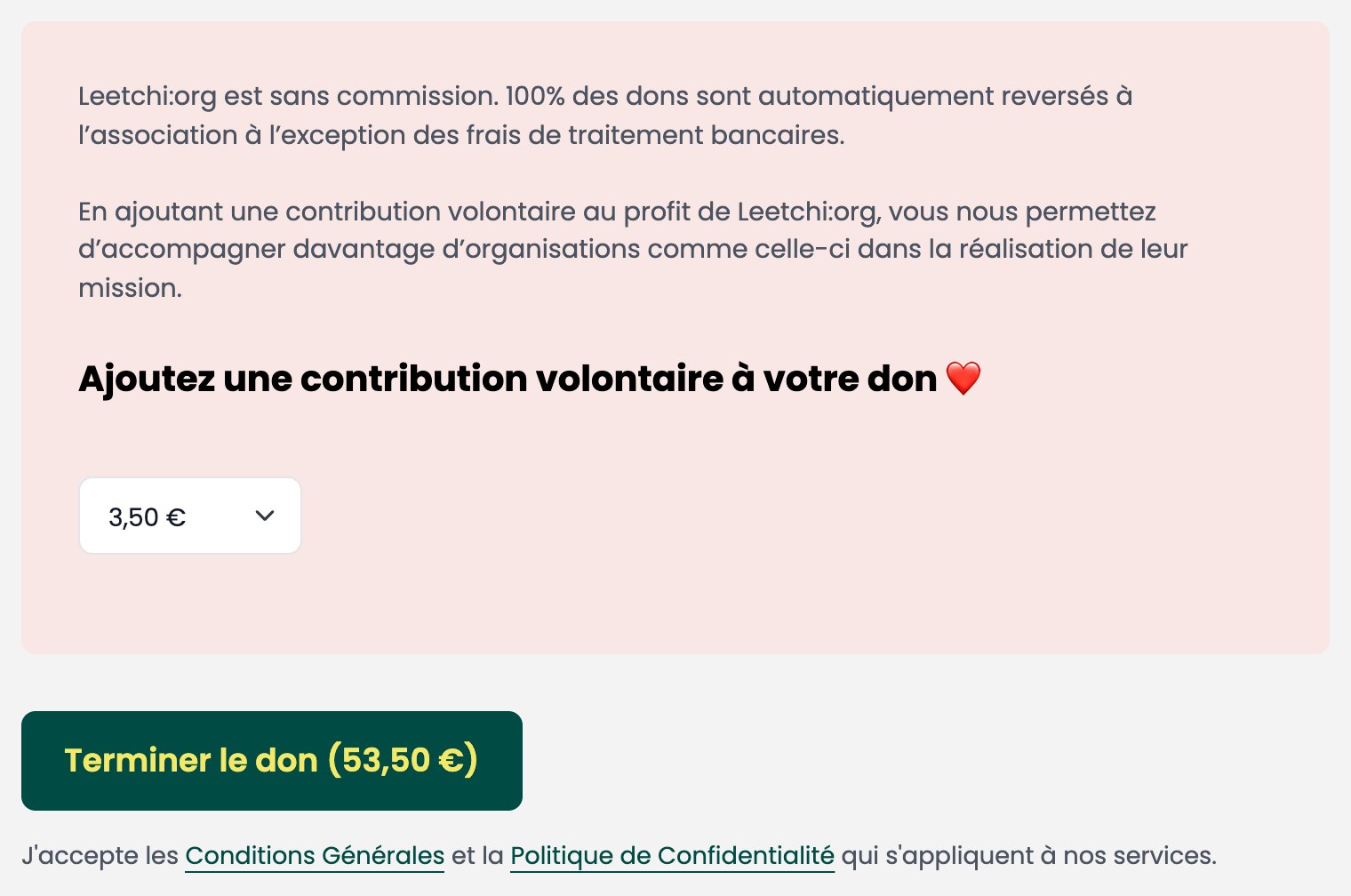 Bloc de Leetchi.org en bas du formulaire de don : texte Leetchi:org est sans commission, titre Ajoutez une contribution volontaire à votre don, liste réglée sur 3,50 €, bouton Terminer le don (53,50 €)