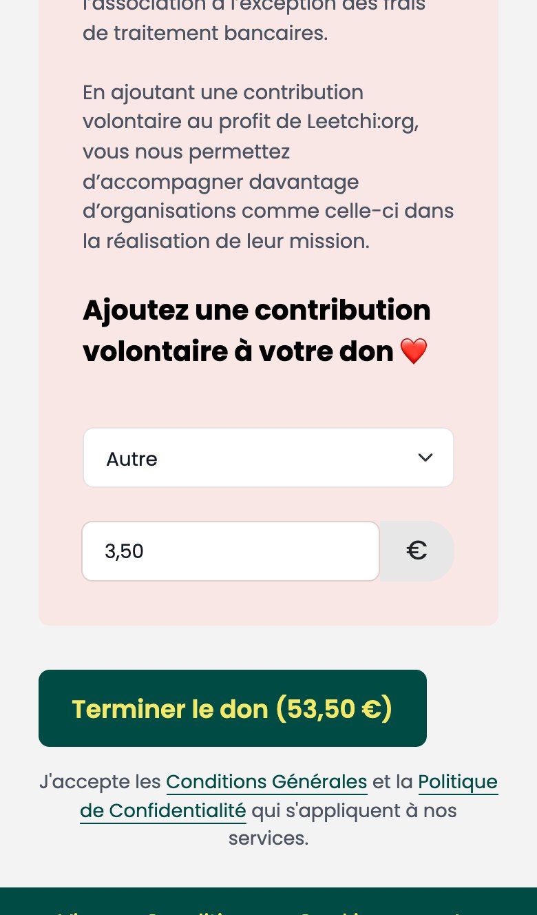 Leetchi.org sur téléphone après le choix Autre : liste sur Autre, champ déjà rempli avec 3,50 et bouton Terminer le don (53,50 €)