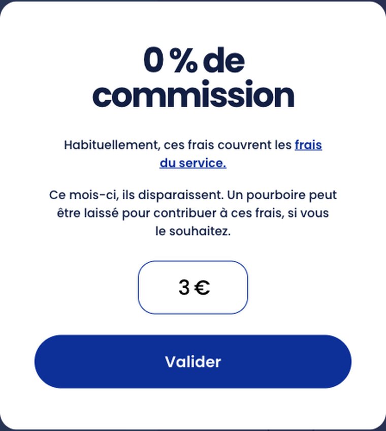Fenêtre 0 % de commission du Pot Commun avec un champ pré-rempli à 3 € et le bouton Valider