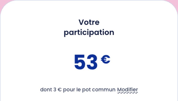 Fenêtre de participation Le Pot Commun festive : 53 €, dont 3 € pour le pot commun, lien Modifier