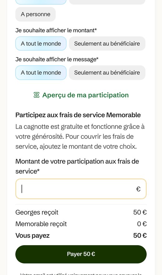 Formulaire Memorable après Choisir un autre montant de soutien : champ de frais de service vide, Memorable reçoit 0 €, bouton Payer 50 €