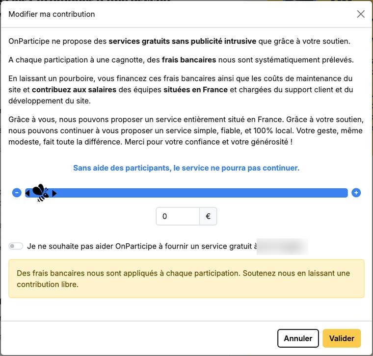 Fenêtre OnParticipe à 0 € : bandeau jaune et case de refus
