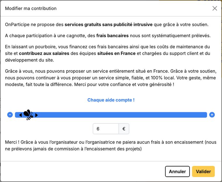 Fenêtre OnParticipe avec un texte, un curseur de 1 à 200 € et un champ numérique