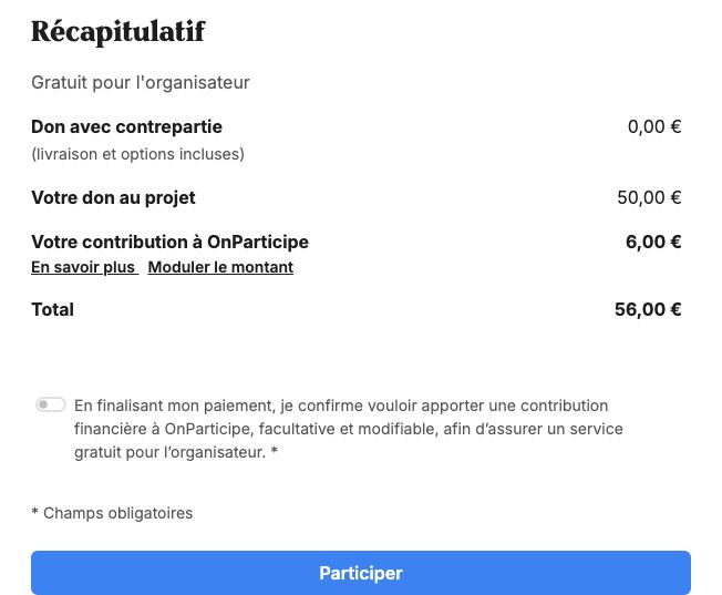 Récapitulatif OnParticipe : don de 50 €, contribution de 6 €, total 56 €, interrupteur de consentement