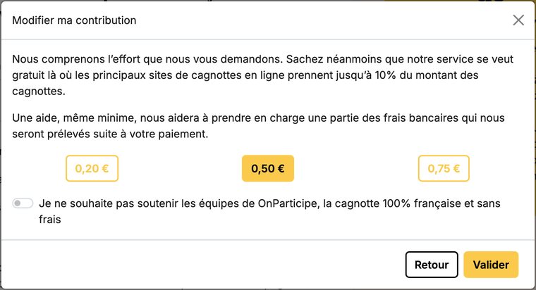 Seconde fenêtre OnParticipe : 0,20 €, 0,50 € présélectionné, 0,75 € et une case de refus