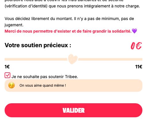Fenêtre Tribee une fois la case cochée, pourboire à 0 €