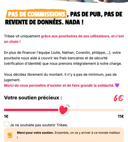 Fenêtre Tribee avec une vidéo, un texte et un curseur de 1 à 11 € centré sur 6 €