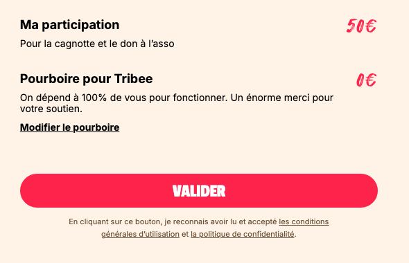 Récapitulatif Tribee à 0 € de pourboire, sans case, bouton VALIDER actif