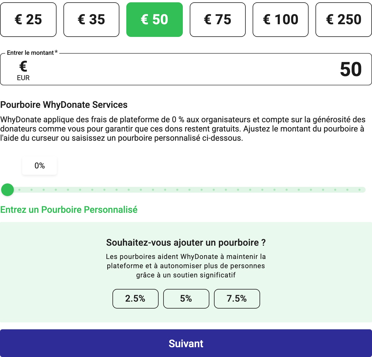 Étape Don de WhyDonate avec le curseur à 0 % et l'encart Souhaitez-vous ajouter un pourboire, 2,5 %, 5 %, 7,5 %