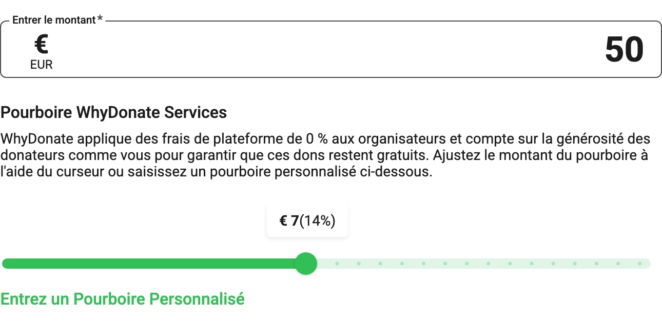 Étape Don de WhyDonate : montant 50 €, Pourboire WhyDonate Services, curseur positionné sur € 7 (14 %)