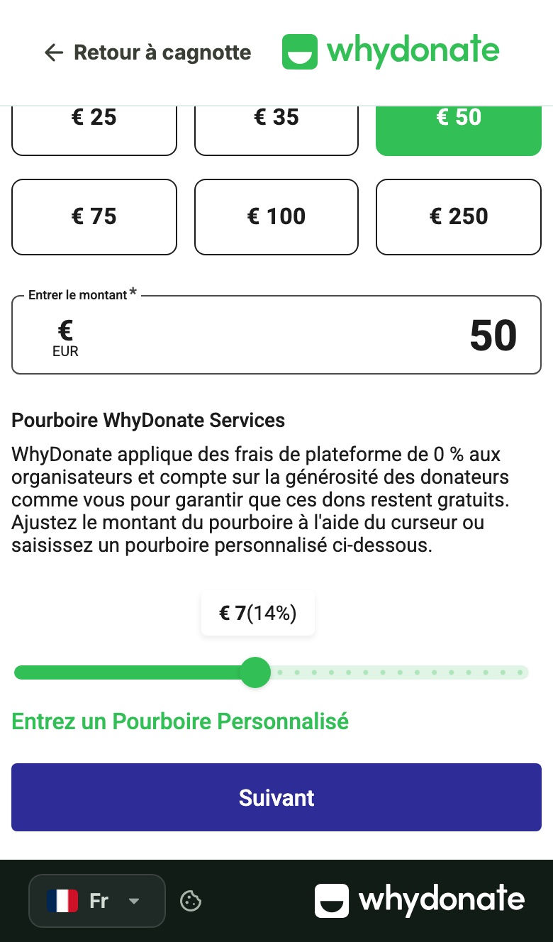 WhyDonate sur téléphone : bloc Pourboire WhyDonate Services et curseur positionné sur € 7 (14 %)