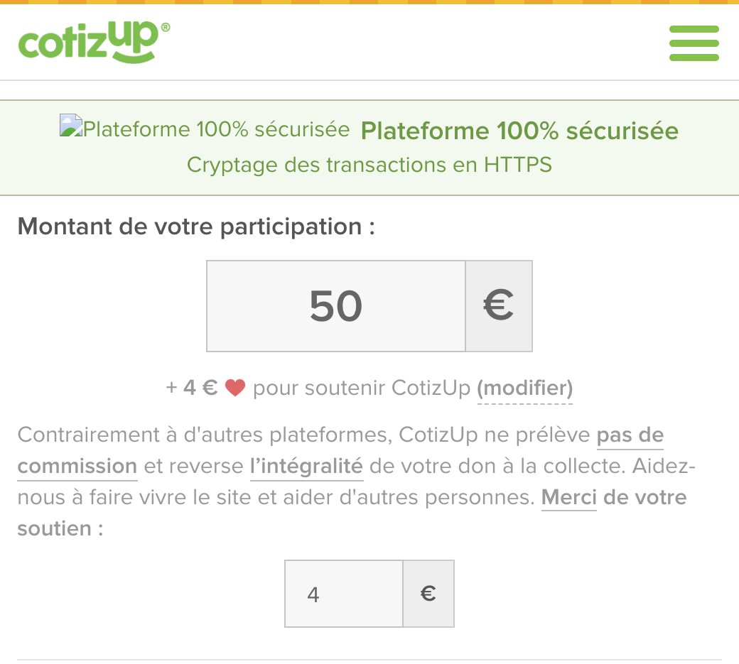 Page de don CotizUp, participation de 50 € : « + 4 € pour soutenir CotizUp (modifier) », texte « Contrairement à d'autres plateformes, CotizUp ne prélève pas de commission », champ de soutien rempli à 4 €