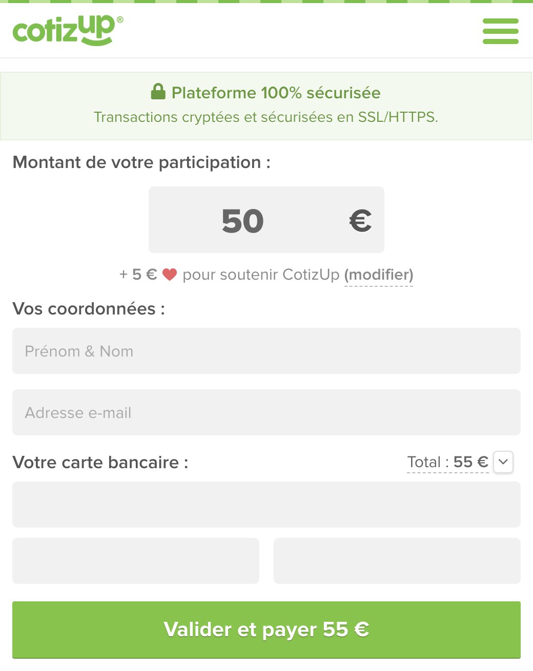 Page de paiement CotizUp, participation de 50 € : « + 5 € pour soutenir CotizUp (modifier) », « Total : 55 € », bouton « Valider et payer 55 € »