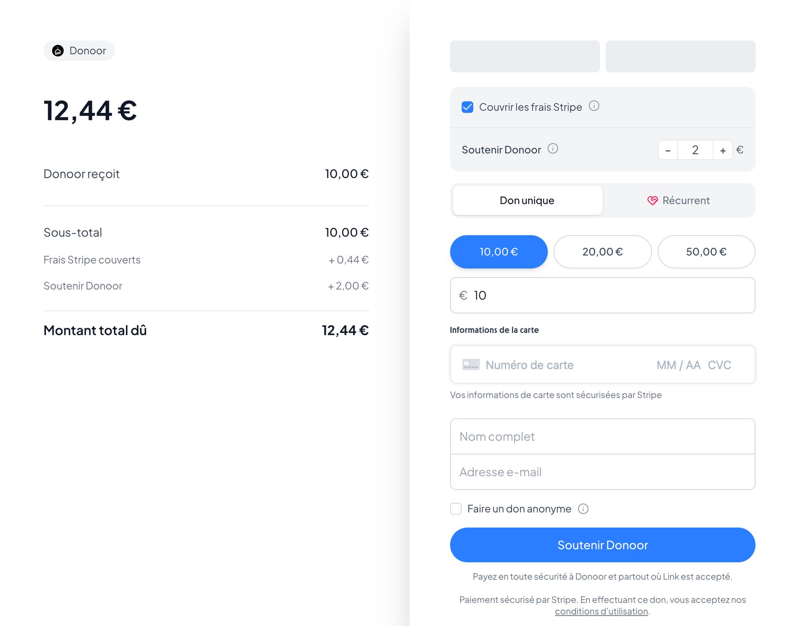 Page de paiement de Donoor, don de 10 € : « Couvrir les frais Stripe » coché, « Soutenir Donoor » réglé à 2 €, récapitulatif « Frais Stripe couverts + 0,44 € », « Soutenir Donoor + 2,00 € », montant total dû 12,44 €