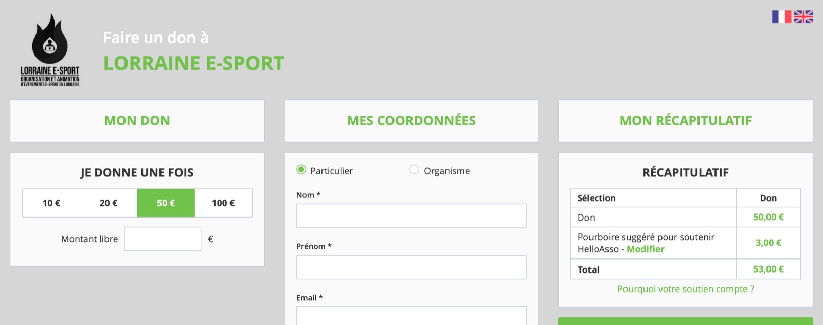 Formulaire de don HelloAsso, don de 50 € : « Pourboire suggéré pour soutenir HelloAsso » de 3,00 €