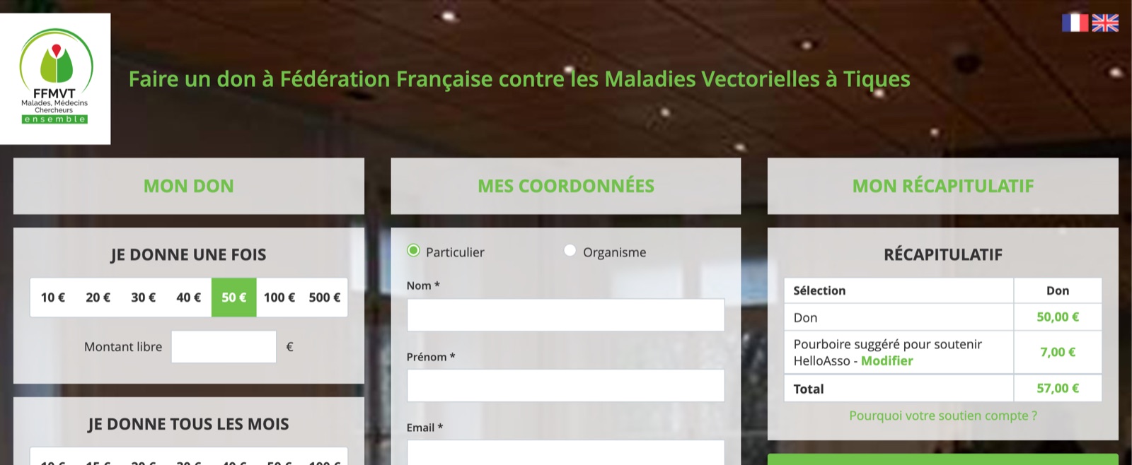 Formulaire de don HelloAsso, don de 50 € : « Pourboire suggéré pour soutenir HelloAsso » de 7,00 €
