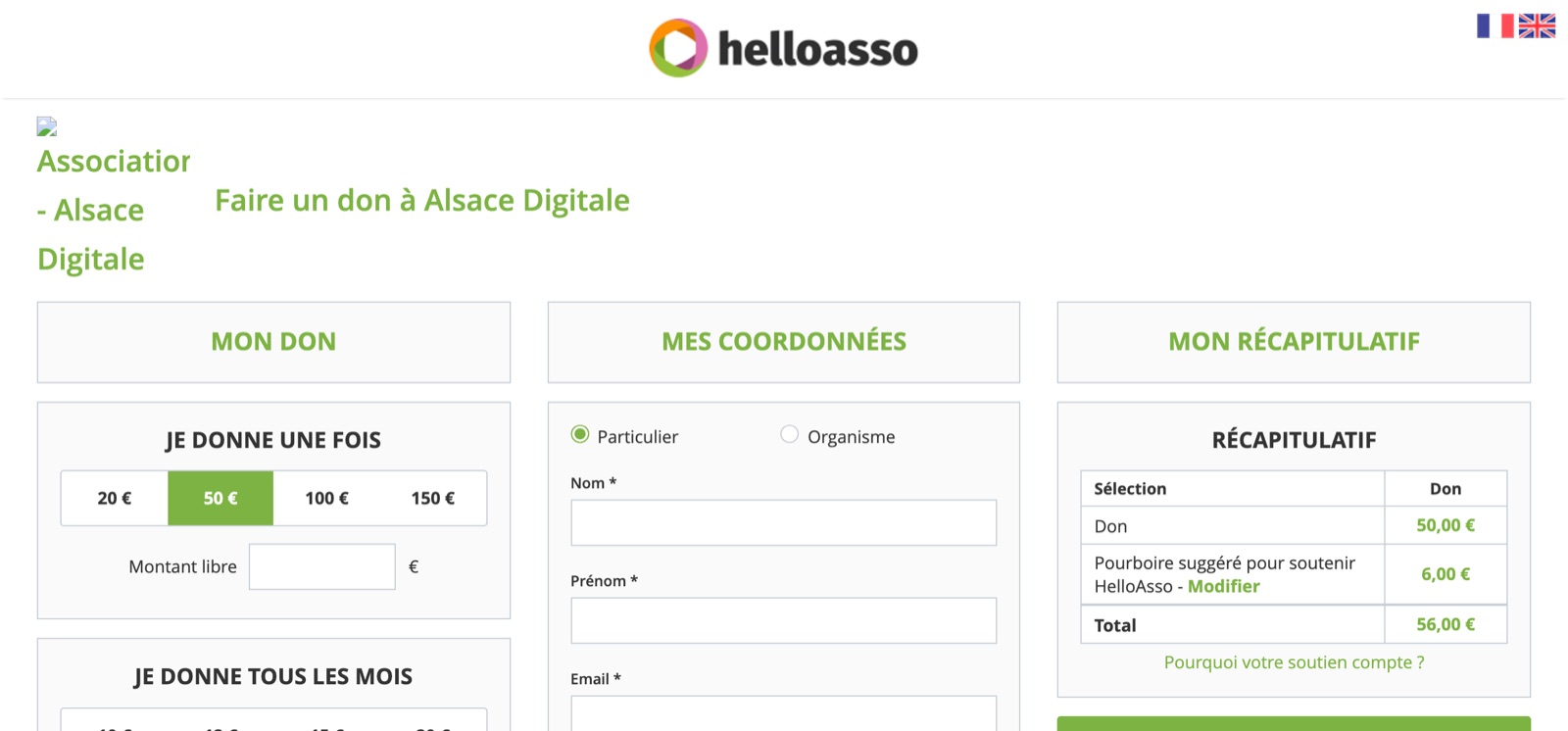 Formulaire de don HelloAsso, don de 50 € : « Pourboire suggéré pour soutenir HelloAsso » de 6,00 €