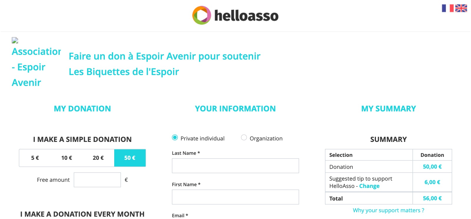 HelloAsso donation form in English, €50 donation: "Suggested tip to support HelloAsso" of €6.00