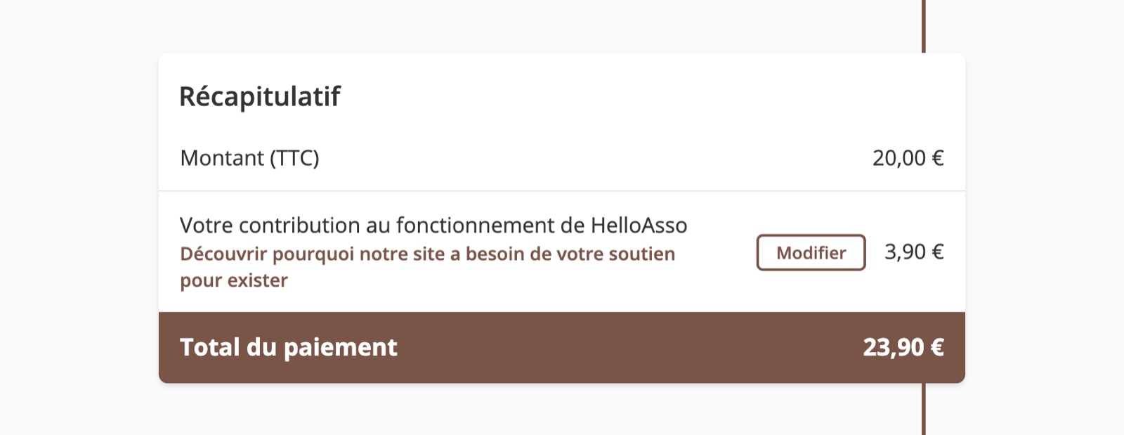 Récapitulatif HelloAsso : « Votre contribution au fonctionnement de HelloAsso » de 3,90 € sur 20 €