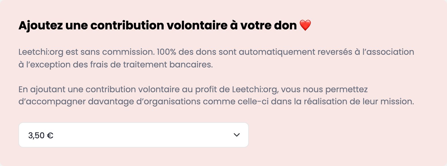 Formulaire de don de Leetchi:org, don de 50 € : « Ajoutez une contribution volontaire à votre don », texte « Leetchi:org est sans commission », liste déroulante sur 3,50 €