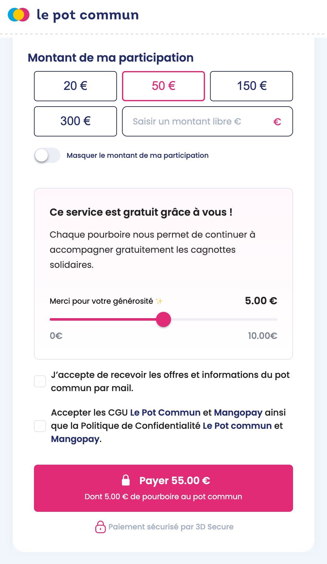 Formulaire de participation à une cagnotte solidaire du Pot Commun, participation de 50 € : « Ce service est gratuit grâce à vous ! », curseur réglé sur 5 €, de 0 à 10 €