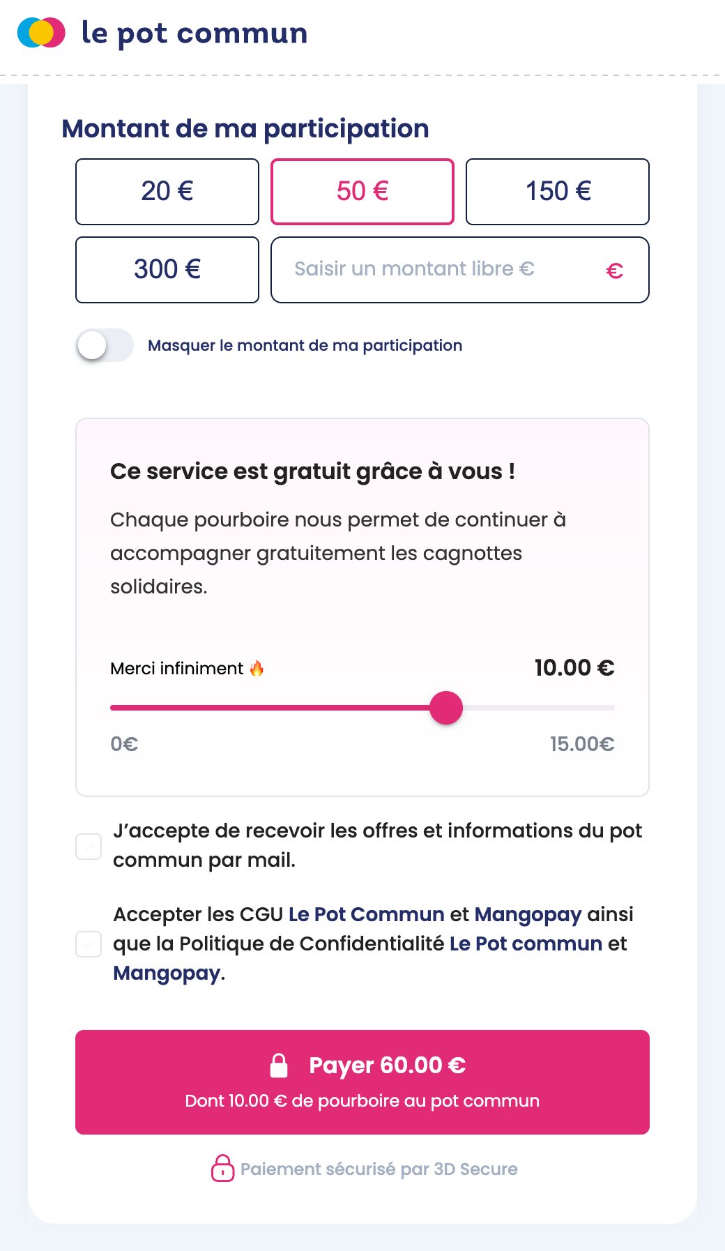 Formulaire de participation à une cagnotte solidaire du Pot Commun, participation de 50 € : curseur réglé sur 10 €, de 0 à 15 €