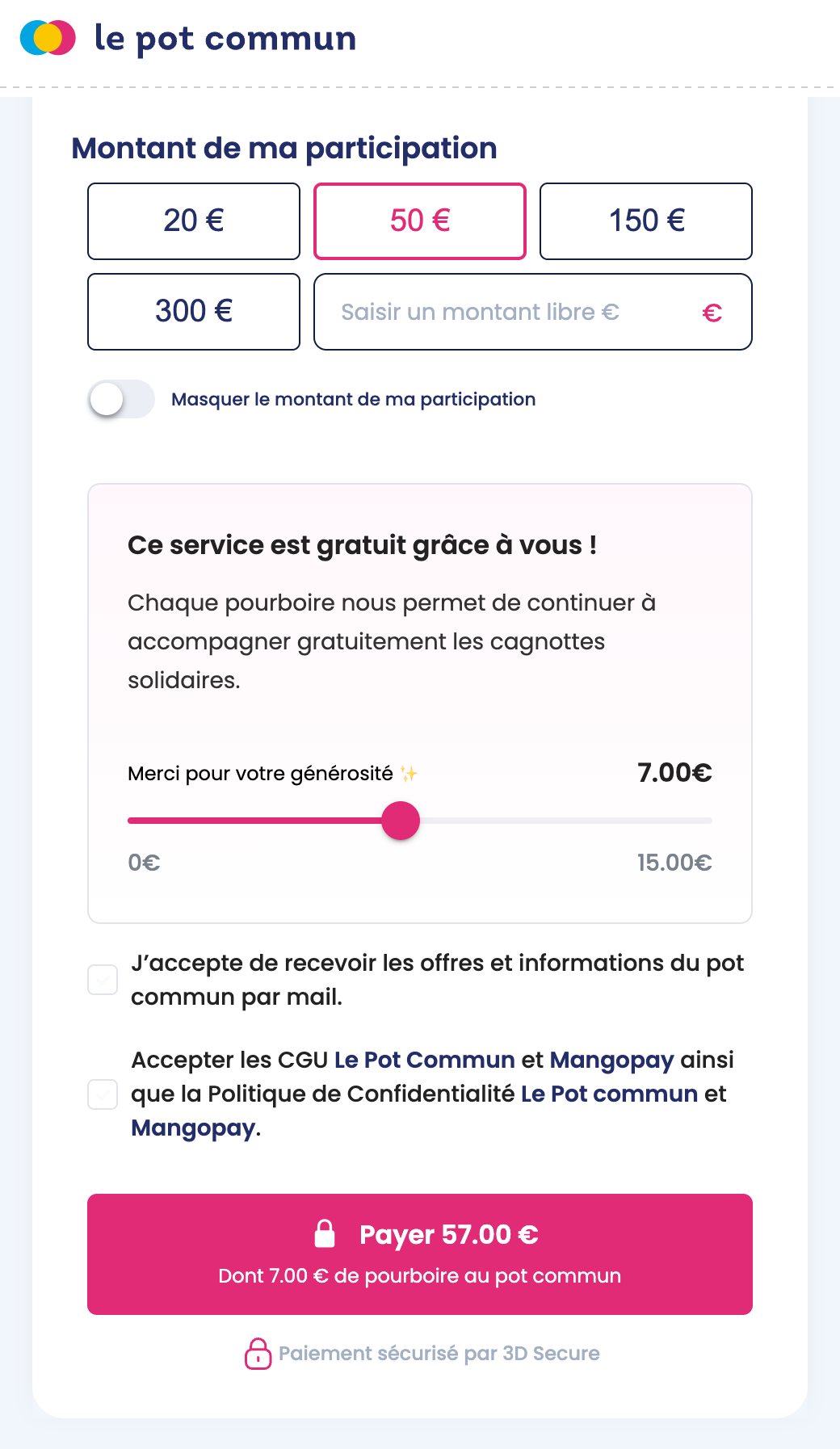 Formulaire de participation à une cagnotte solidaire du Pot Commun, participation de 50 € : curseur réglé sur 7 €, de 0 à 15 €