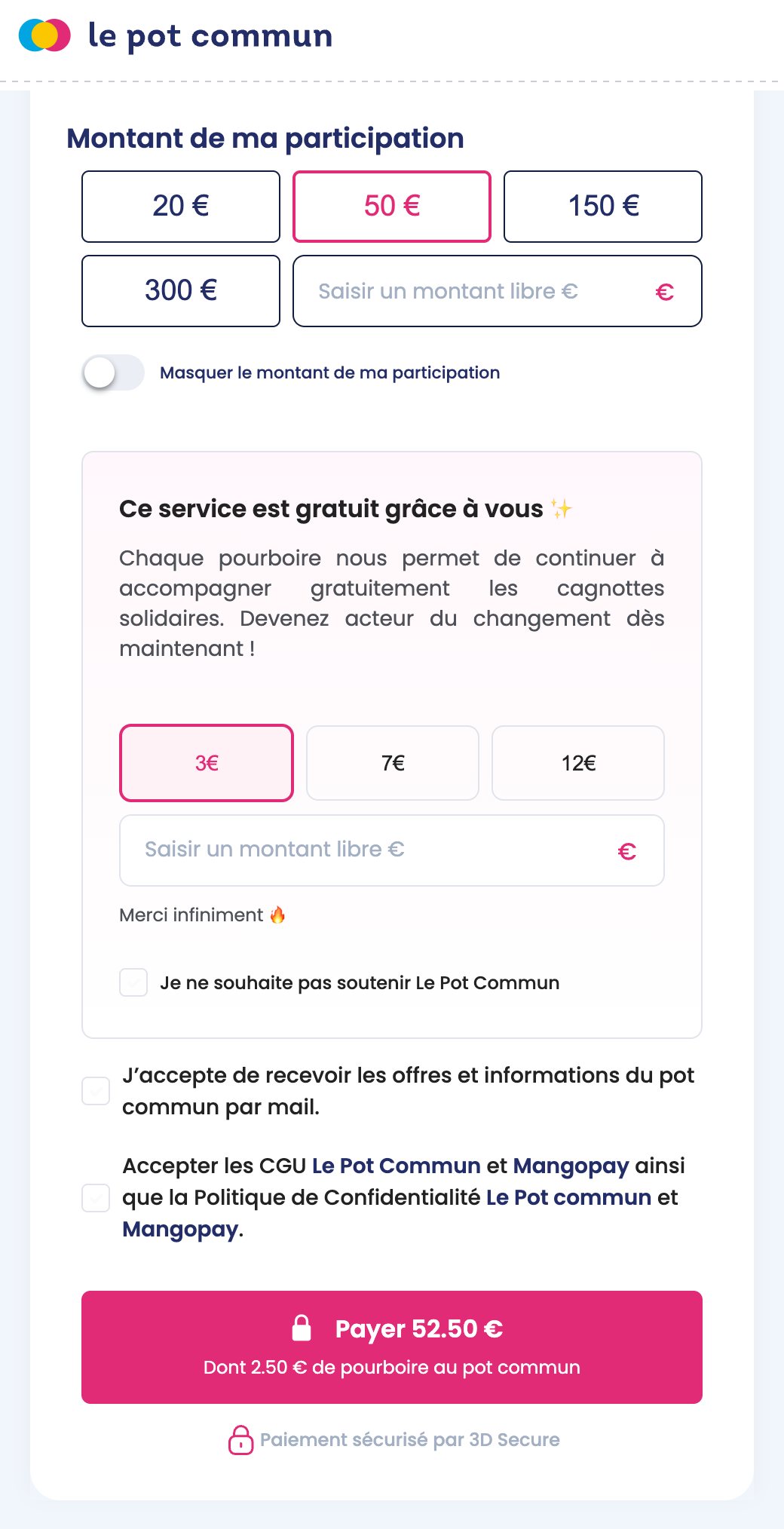 Formulaire de participation à une cagnotte solidaire du Pot Commun, participation de 50 € : « Ce service est gratuit grâce à vous », boutons 3€, 7€ et 12€, le premier sélectionné, case « Je ne souhaite pas soutenir Le Pot Commun », bouton « Payer 52.50 € — Dont 2.50 € de pourboire au pot commun »
