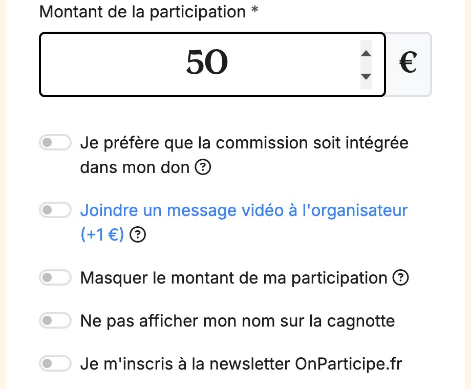 Page de participation OnParticipe, montant 50 € : interrupteur « Je préfère que la commission soit intégrée dans mon don », options message vidéo (+1 €), masquer le montant, ne pas afficher mon nom, newsletter