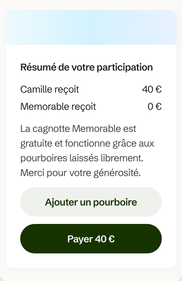 Capture de l'écran au montant libre, sur une participation de 40 €