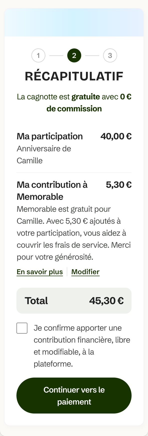 Capture de l'écran au montant pré-rempli, sur une participation de 40 €