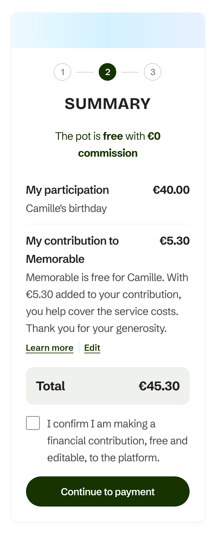 Screenshot of the prefilled amount screen, on a €40 contribution