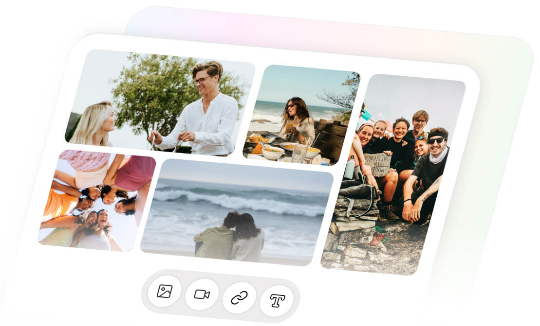 Album of photos and messages gathered from the contributions, with buttons to add a photo, a video, a link or text