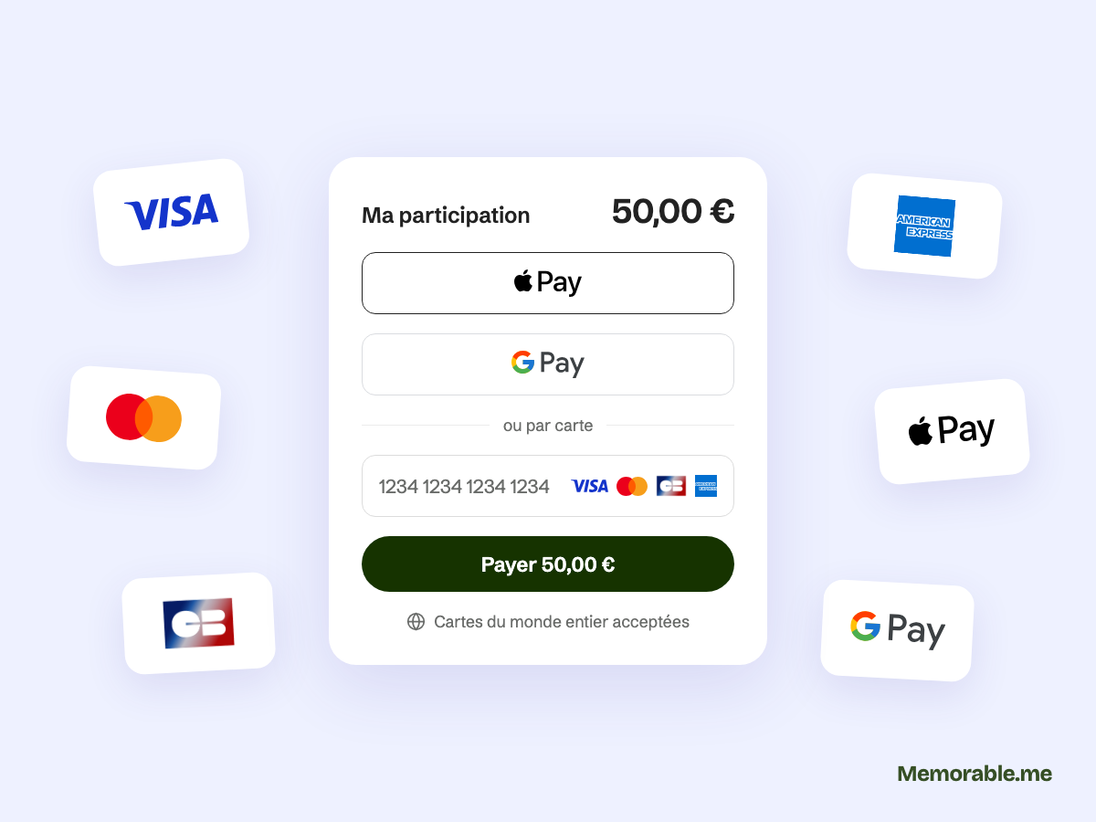 Memorable.me: pot payable with CB, Visa, Mastercard, American Express, Apple Pay and Google Pay